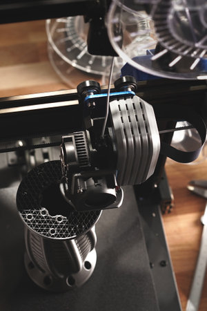 FDM 3D printer produces complex flange part from silver gray material on wooden desk. vertical...