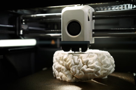 3D printing of a human brain model â front view of FDM printer mid-print with white filament. Rapid prototyping for medical innovation and neuroscience research.の写真素材
