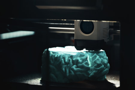 3D printing of a cyan human brain model – dark low-light view of FDM printer layer-by-layer...