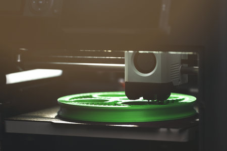 3D printing of a green planetary gear model â low-light view of FDM printer producing mechanical component for engineering rapid prototyping and additive manufacturing.の写真素材