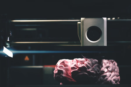 3D printing of a pink human brain model â€“ FDM printer extruding vibrant filament for...