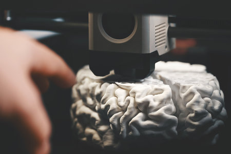 3D printing of a human brain model â hand guiding FDM printer nozzle during layer inspection. Rapid prototyping for neuroscience and biomedical engineering.の写真素材