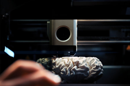 3D printing of a human brain model â€“ close-up with hand inspecting FDM extruder during rapid...