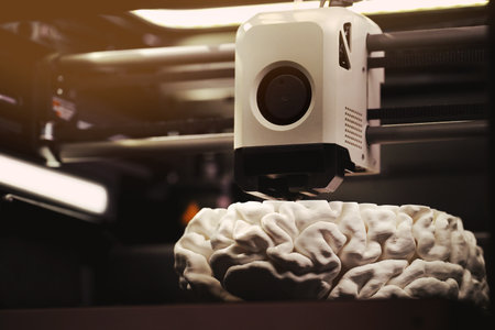 3D printing of a human brain model â€“ warm ambient light view of FDM printer extruding layers...