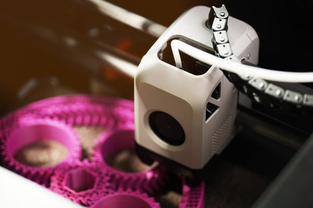 3D printing of a magenta planetary gear model â macro close-up of FDM printer extruder depositing filament for mechanical engineering rapid prototyping and additive manufacturing.の写真素材