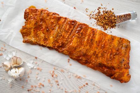 Raw pork ribs marinatedの写真素材