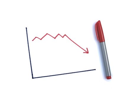 Drawing of graph showing downward trend with red penの写真素材