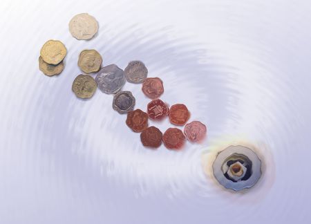 Coins in a sink, heading for the plug hole, with whirling background.