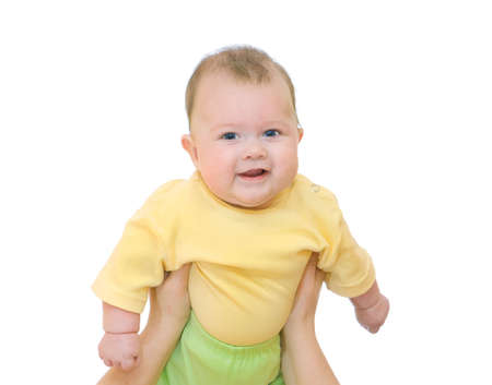 Smiling baby on hands of mother over white