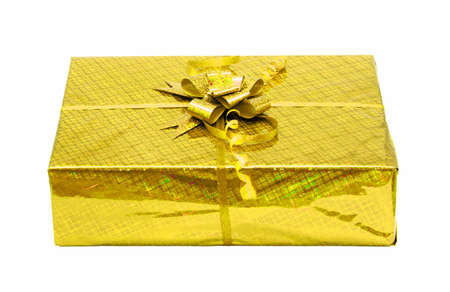 Yellow celebratory gift box isolated on white