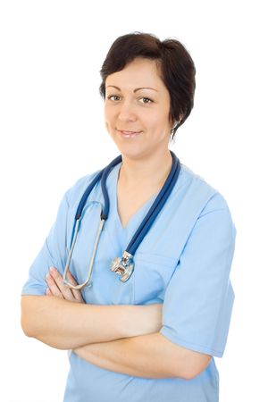 Beautiful young doctor with stethoscope isolatedの写真素材