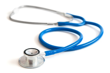 Blue stethoscope isolated on whiteの写真素材