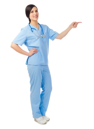 Doctor shows pointing gesture isolatedの写真素材