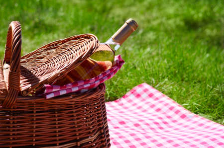 Picnic basket with wine bottle at lawnの写真素材