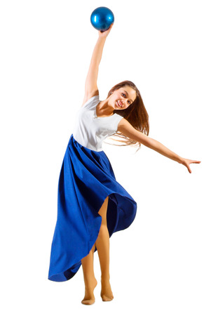 Young girl engaged art gymnastic isolatedの写真素材