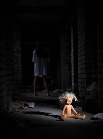 Scary zombie girl in old houseの写真素材