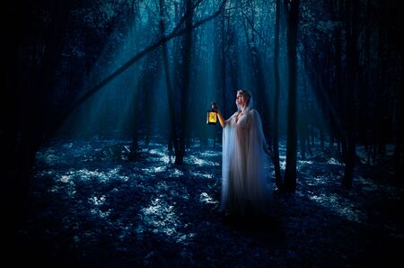 Young elven girl in night forest
