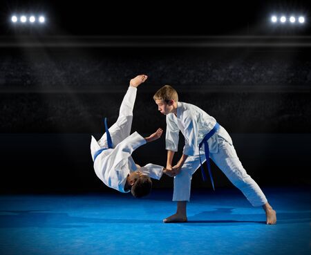Little boys martial arts fighters in sports hall