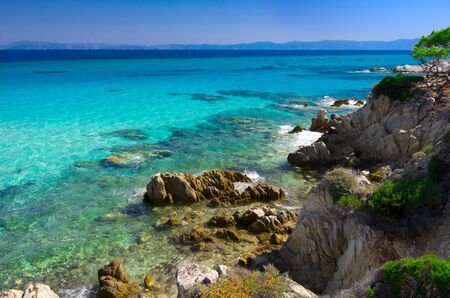 Blue sea shore under clear skyの写真素材