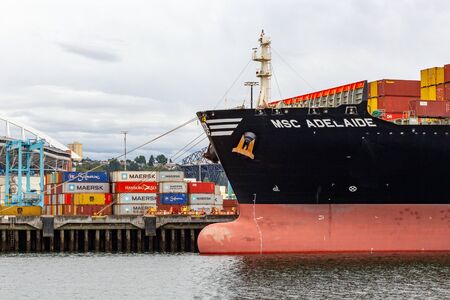 Seattle, Washington - June 5, 2019: MSC Adelaide container ship being loaded in the Seattle harborのeditorial素材