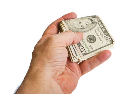 Male hand giving American money to an unseen person