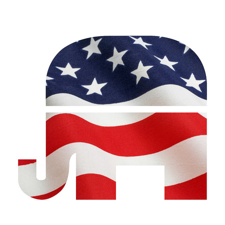 American flag superimposed on the Republican elephant symbol. Isolated on white with a clipping pathの写真素材