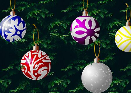 Christmas ornaments hanging on an evergreen tree using Adobes tree stamp and my bulb illustrations.の写真素材