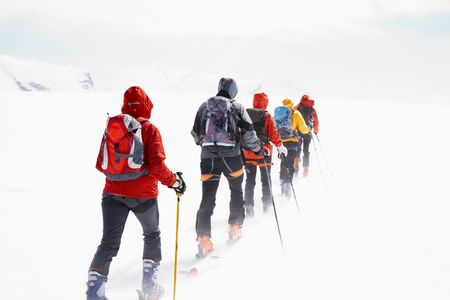 Group of alpine touring skiers on the big Verra Glacier; in background the peaks of Castore and...
