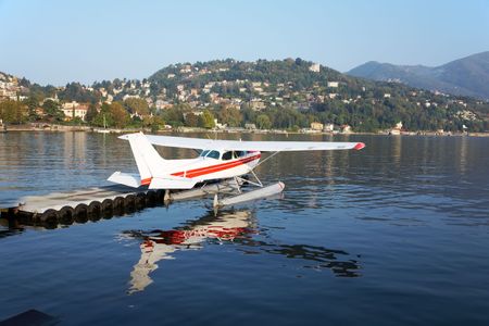 Parked seaplane, italian lake of Como, Italy, Europeの写真素材