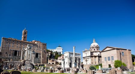 The famous italian landmarks: the Roman Forum, Rome. Large copy-space at the top.の写真素材