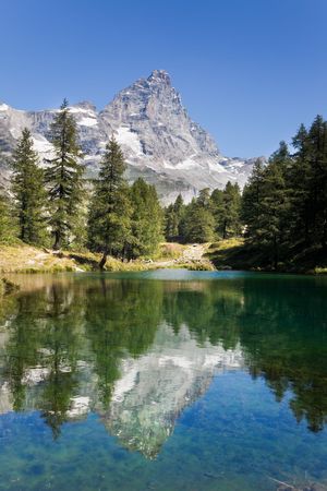 Lake Bleu and the south face of Matterhorn. Sunny summer day. Valle d'Aosta, Italy.の写真素材