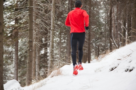 Winter trail running  man takes a run on a snowy mountain path in a pine woods の写真素材