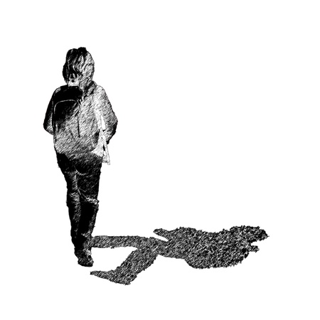 Stylized silhouette of a boy walking with a backpack on a mountain trail の写真素材