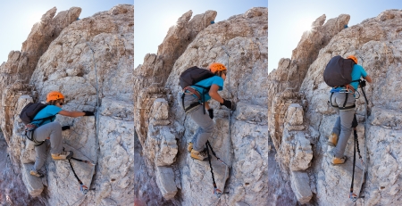 Young boy climbing a via ferrata in the Italian Dolomites  Sequence composed of three photographs illustrating the progression of climbing on via ferrata の写真素材