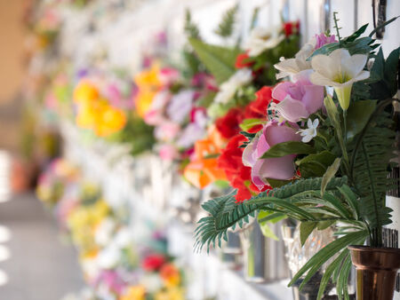 Graves with flowers on a wall of a European cemetery  Vercelli, Italy, Europe の写真素材
