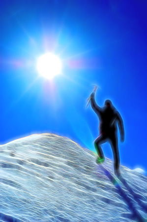 Climber reaching the summit of a mountain. Stylized silhouette with fantasy-painting effect.の写真素材