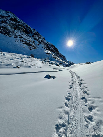 Trail in the snow in the mountains on a sunny winter dayの写真素材