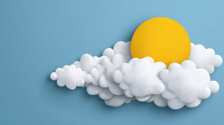 Artistic,  rendering depicting a bright, textured yellow circle representing the sun peeking out from behind a cluster of rounded, white, soft-looking clouds, all set against a solid, light cyan or baby blue surface. The composition suggests a cheerful, positive weather theme with ample empty space on the left for text or graphical elements.の素材