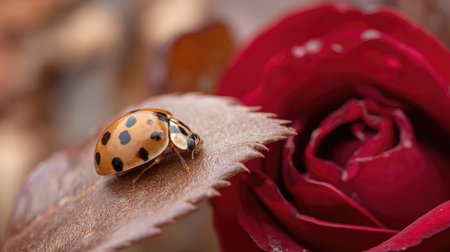 Extreme  photograph featuring a small orange and black spotted beetle perched on the edge of a brown, textured leaf. Adjacent to the leaf, a rich, deep red flower, likely a rose, fills the right side of the frame with soft, blurred background elements.の素材