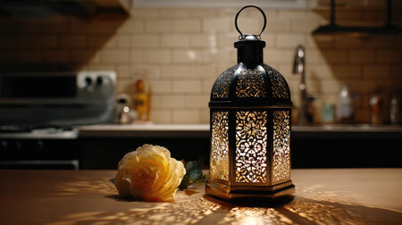 Low-light scene features an intricately designed, dark metal lantern emitting a warm, patterned glow. Beside the illuminated lantern rests a single, pale yellow rose on a wooden surface, casting intricate shadows created by the light filtering through the lantern's cutouts. The background is a softly focused modern kitchen with light-colored subway tile walls.の素材