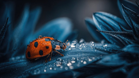 Extreme  photograph captures a vividly colored, orange and black spotted ladybug positioned on a dark, textured blue surface, likely a plant part, heavily covered in numerous clear, spherical water droplets, creating a strong contrast between the insect's warmth and the cool, deep tones of the surroundings.の素材