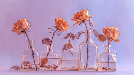 Still life composition featuring five dried or wilting roses, each individually placed in a different style of clear, vintage-looking glass bottle or small vase. The flowers and bottles display soft, warm, muted orange and peach tones, contrasting gently with the cool, light lavender and pale blue background, creating a romantic and slightly melancholic atmosphere. Some dried leaves and fallen debris are visible at the base of the bottles in the small amounts of water they contain.の素材