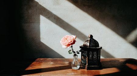 Still life composition featuring a single light pink rose in a small clear glass vase positioned next to a dark, intricately patterned metal lantern. The objects sit on a rich, warm-toned wooden surface, dramatically illuminated by strong diagonal shafts of sunlight casting deep shadows across the items and the textured light gray or off-white wall behind them.の素材