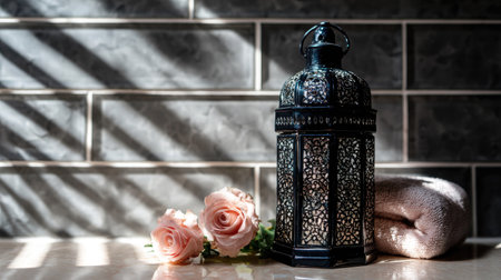 Still life composition featuring a dark, intricately patterned metal lantern positioned next to two pale pink roses and a neatly folded, light-colored soft textile item, all resting on a smooth surface. Behind the objects, a dark grey subway tile wall displays strong diagonal stripes of bright sunlight and deep shadow, creating a dramatic contrast.の素材