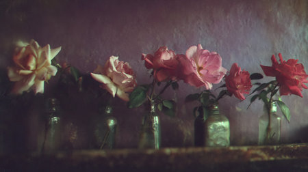 Five individual rose blooms, varying in color from pale cream to deep pink and red, are individually placed in small, aged, clear or greenish glass bottles. These bottles rest upon a dark, rustic horizontal surface, set against a softly lit, textured background wall exhibiting subtle purple and mauve tones, creating a moody and intimate still life composition.の素材