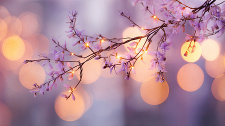 Photograph focusing on a slender tree branch covered in small, pale purple blossoms, intertwined with tiny, warm yellow string lights. The background is heavily blurred into soft circles of warm orange and cool lavender bokeh, creating a magical and serene atmosphere.の素材
