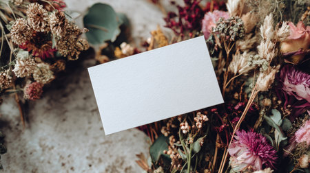 High-angle view showcases a crisp, rectangular white card, perfectly positioned as a mockup space, nestled amongst a richly colored and textured assortment of dried flowers, seed heads, and faded foliage resting on a rough, light-colored ground.の素材