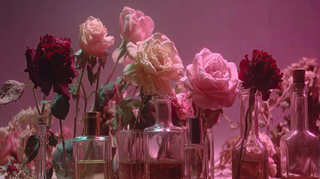 Still life composition featuring various clear glass bottles and small vases containing roses in different stages of bloom, set against a background washed in dramatic pink and magenta lighting, suggesting themes of fragrance, beauty, or historical preparation.の素材