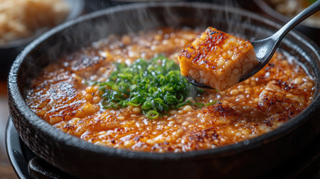 A bowl of steaming fried-dried toasted edges is placed on the table, with a wooden pattern in the background. A spoon has just been used to pick up two square cubes from inside and put them into it, with food splashing around. The photo was taken with a Nikon D850 at an aperture of f/2.4 and a low ISO setting. It's a close-up shot that captures every detail of the dish. --chaos 30 --ar 16:9 --stylize 750 --v 6.1 Job ID: da037ca6-b1a6-4027-af08-34c3308f2596の素材