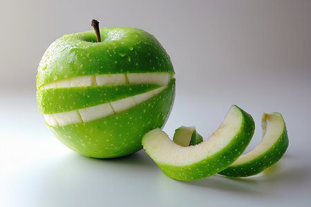 Green  with intricate white slices arranged around its surface.  Several peels are also shown, illustrating the artistic preparation of the fruit.の素材